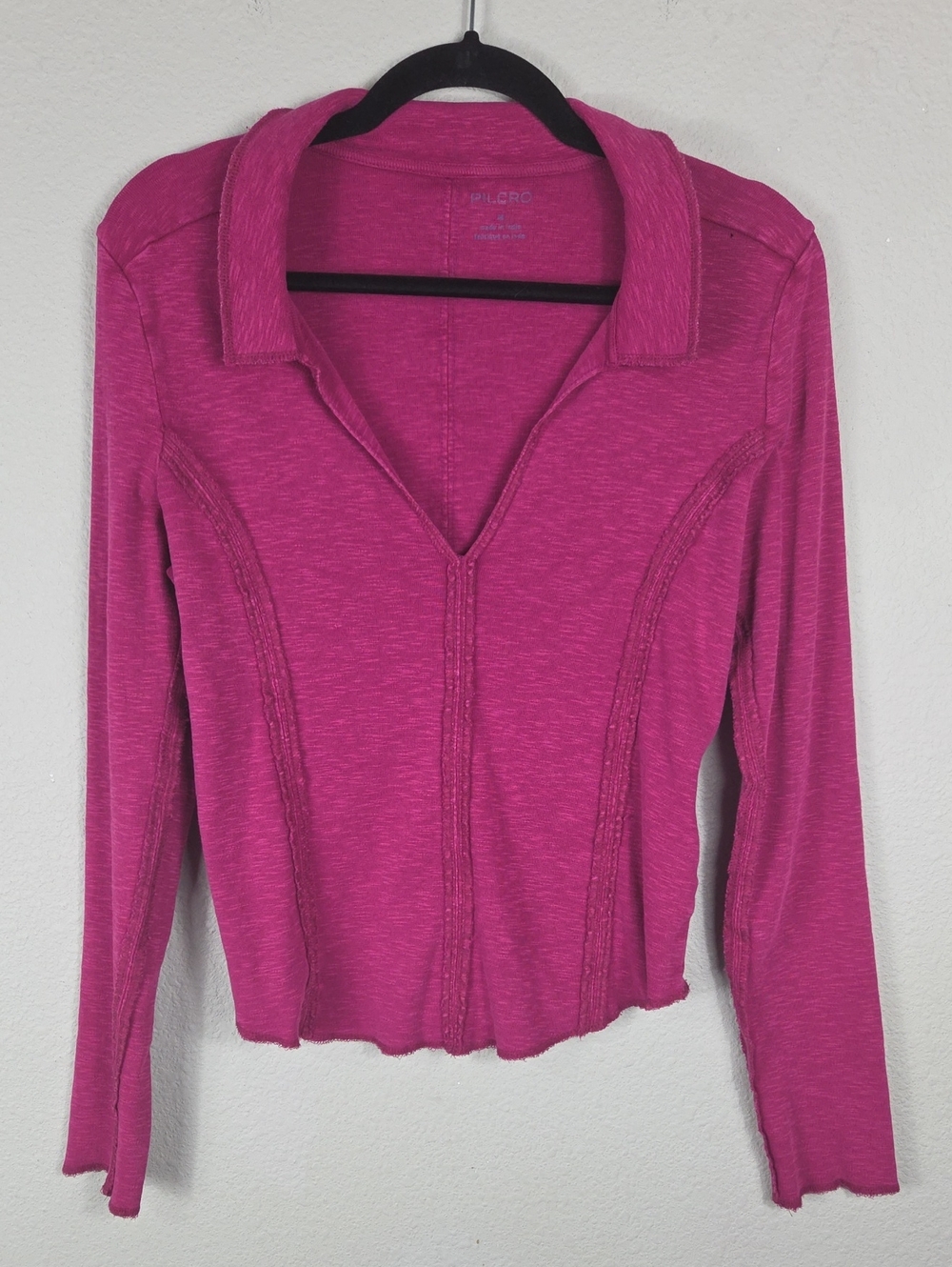 Pilcro Anthropologie Pink Slub Knit V Neck Raw Edge Long Sleeve Top Size M